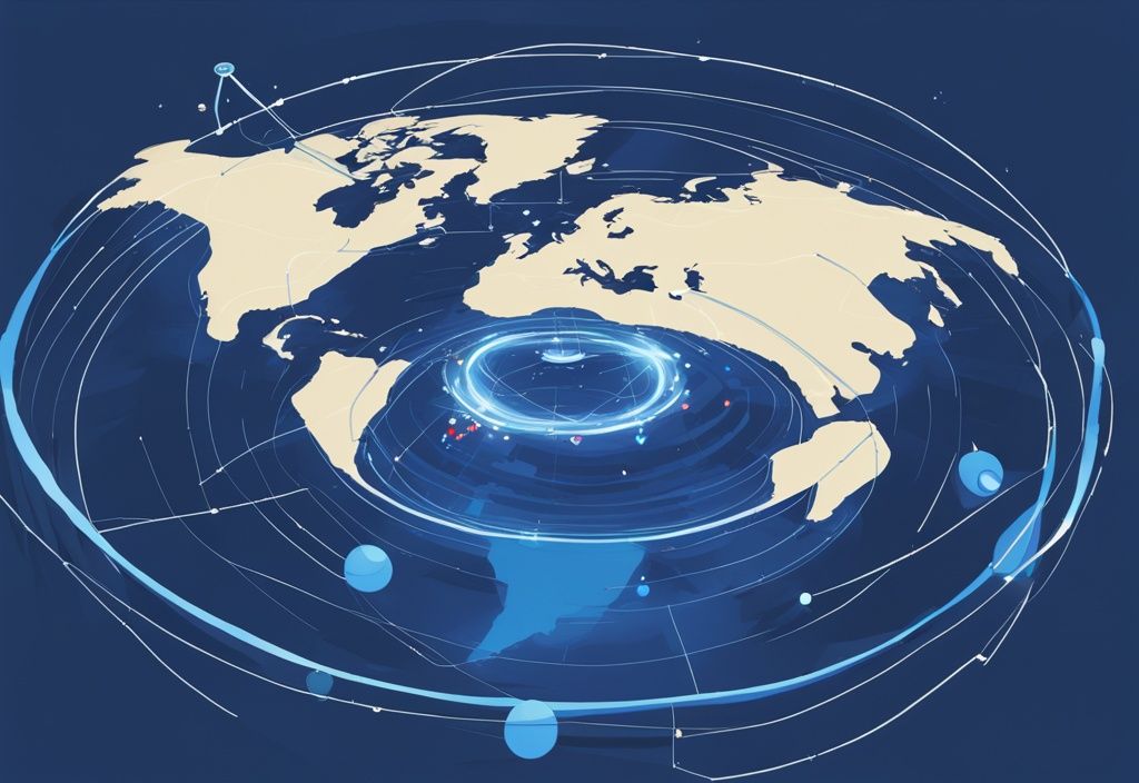 Moderne digitale Illustration, Satellit sendet Signale an ein GPS-Gerät auf der Erde, visualisierter Genauigkeitsradius um markierten Standort, wie genau ist GPS.