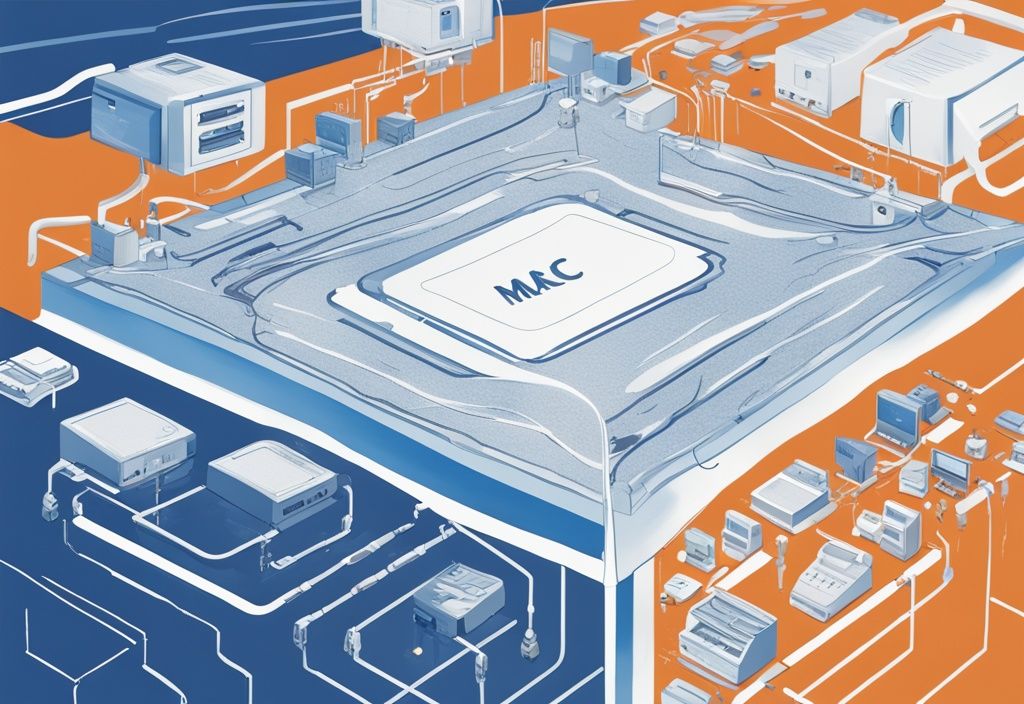 Moderne digitale Illustration eines Ethernet-Frames auf weißem Hintergrund, die Felder wie Präambel, Ziel-MAC, Quell-MAC, Ethertype, Nutzlast und CRC deutlich beschriftet darstellt.