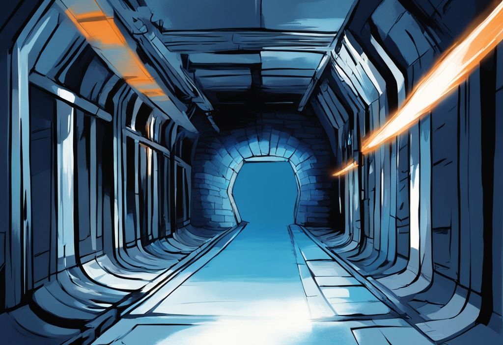 Moderne digitale Illustration eines beleuchteten Nintendo DS Lite in einem dunklen Tunnel, Hauptfarbthema Blau, einladendes Licht am Ende des Tunnels.