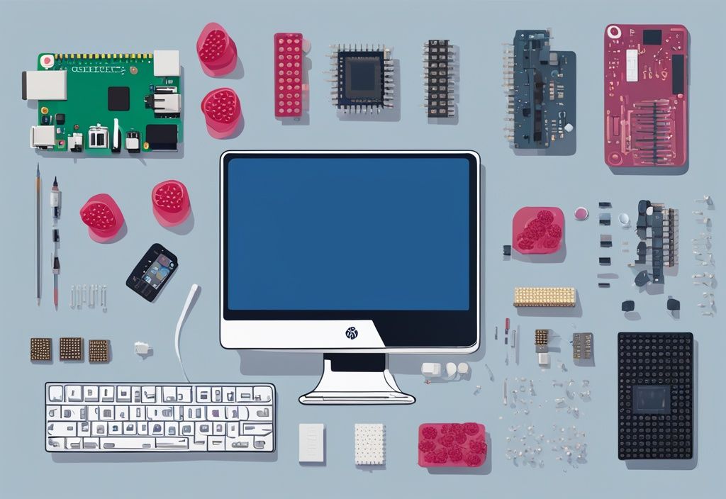 Moderne digitale Malerei mit blauem Farbschema, Raspberry Pi Pico Mikrocontroller auf minimalistischem Schreibtisch mit verstreuten Elektronikkomponenten.