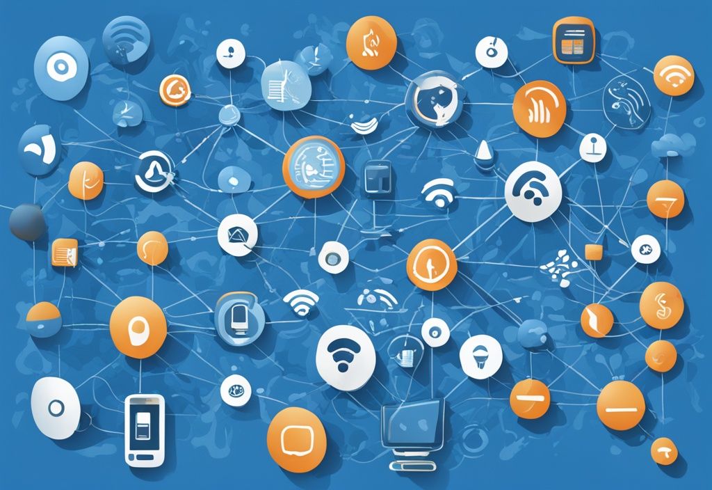 Moderne digitale Malerei mit blauem Farbschema, die verschiedene Symbole für WLAN-Standards in einem ansprechenden Netzwerkmuster darstellt