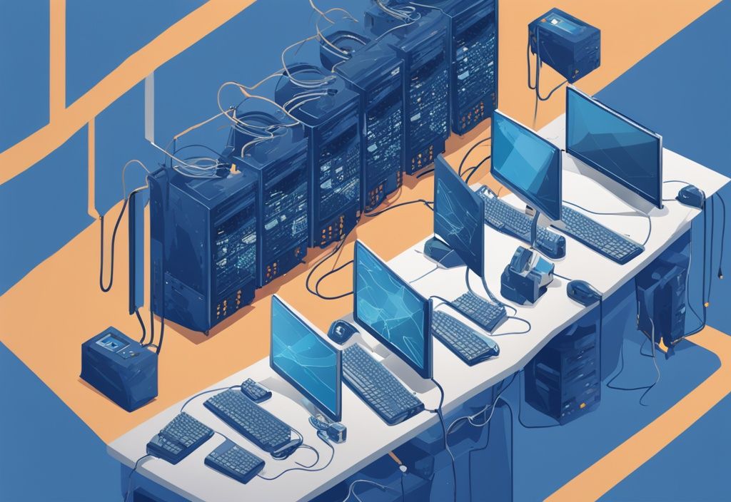 Moderne digitale Illustration eines LAN-Setups mit blauen Farbtönen, vernetzten Computern, sichtbaren Ethernet-Kabeln und einem zentralen Server.