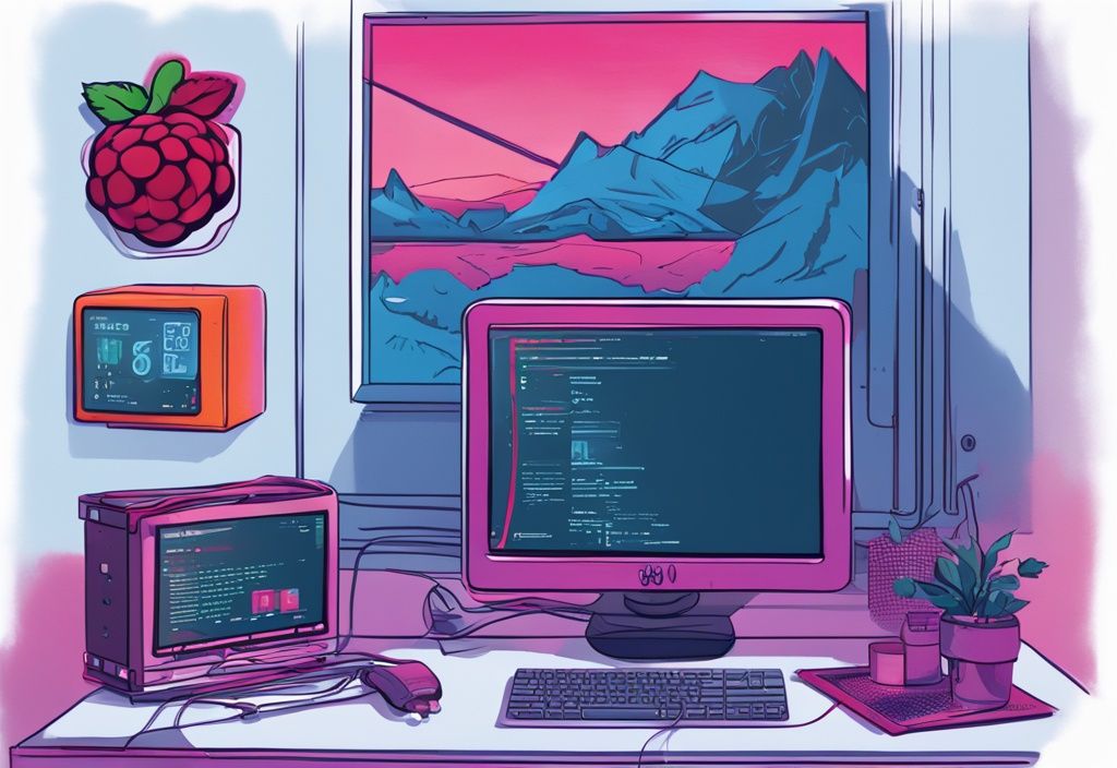 Moderner digitaler Malerei-Illustration in Blau, Raspberry Pi Gerät über HDMI-Kabel mit Monitor verbunden, raspberry pi ssh aktivieren Befehl auf dem Bildschirm angezeigt.