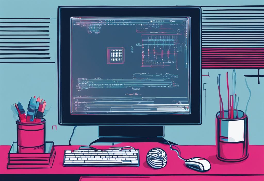 Moderne digitale Malerei mit blauem Farbschema, zeigt ein Raspberry Pi 4 Gerät neben einem Monitor, der Codezeilen des raspberry pi 4 betriebssystem anzeigt.