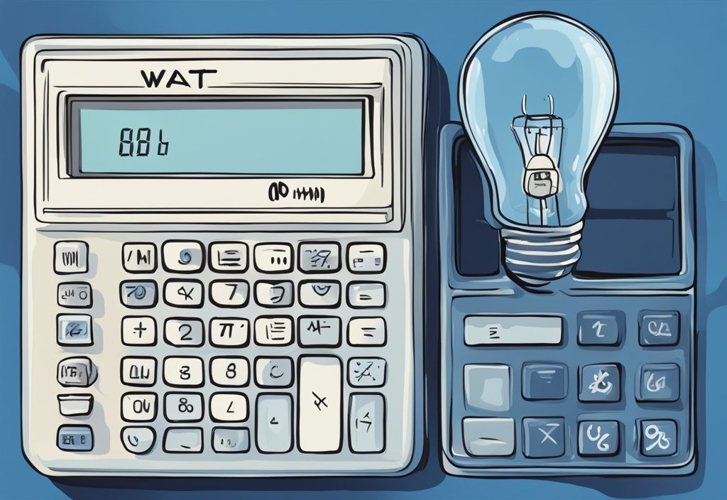 Moderne digitale Illustration in Blau mit einem Taschenrechner, einer Glühbirne und einem elektrischen Gerät, die den Prozess der Watt-Berechnung symbolisieren.