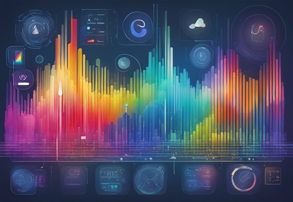 Moderne digitale Malerei mit blauem Farbschema, die ein farbenfrohes Spektrum von Signalfrequenzen und deutlich markierten WLAN Kanälen zeigt.