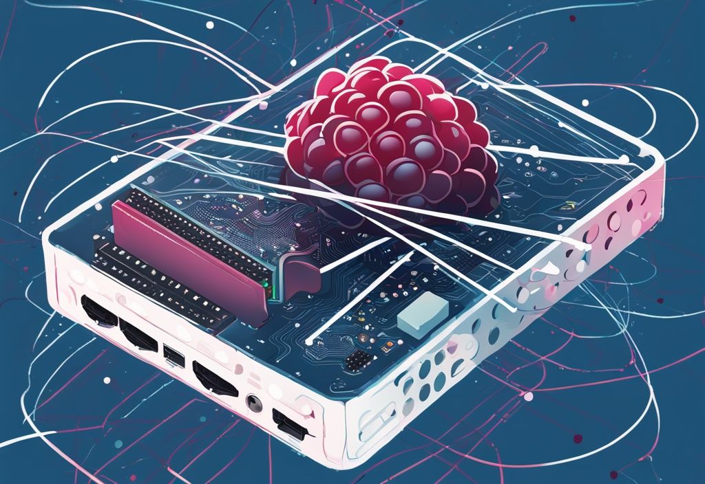 Moderne digitale Malerei mit Blau als Hauptfarbe, Raspberry Pi Gerät umgeben von Linien und Punkten, die ein Server- oder Netzwerk-Konzept darstellen.