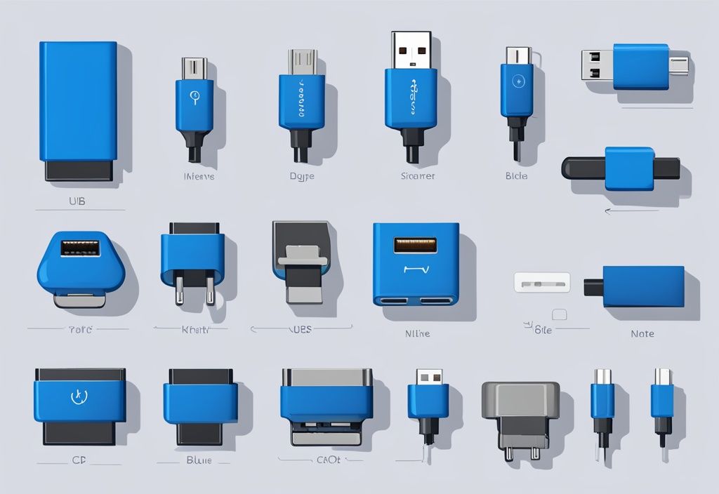 Moderne digitale Illustration eines USB-C-Pinouts mit blauen Farbtönen und beschrifteten Pins