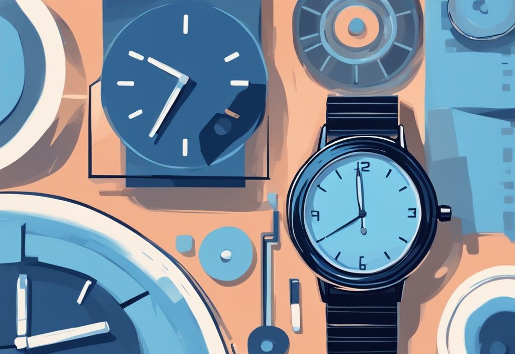 Moderne digitale Illustration in Blau: Analoge Uhr und digitale Uhr nebeneinander, die den Übergang von traditioneller zu moderner Technologie widerspiegeln. Keywords: analog digital.