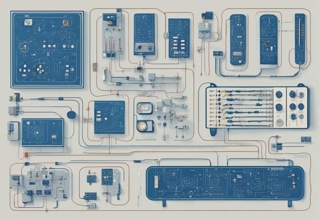 Moderne digitale Malerei mit blauer Farbthematik, zeigt verschiedene und beschriftete Symbole von Schaltplänen, die häufig in elektronischen Schaltbildern verwendet werden.