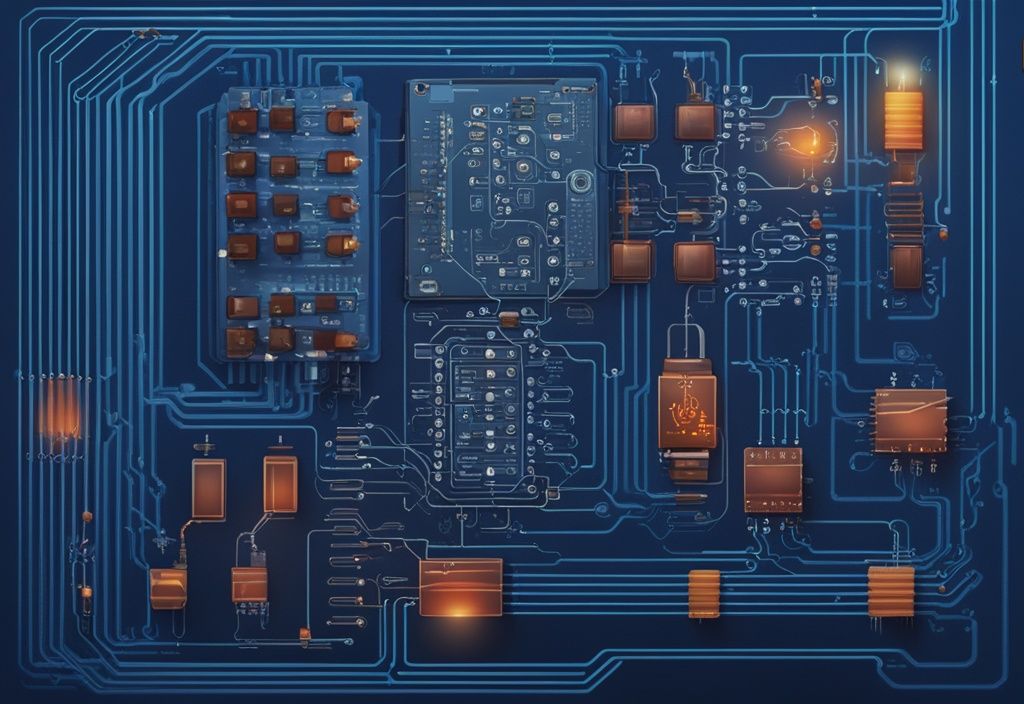 Moderne digitale Malerei mit blauem Farbschema, die ein LED-Schaltbild zeigt und die Platzierung und Funktion eines led vorwiderstand hervorhebt.