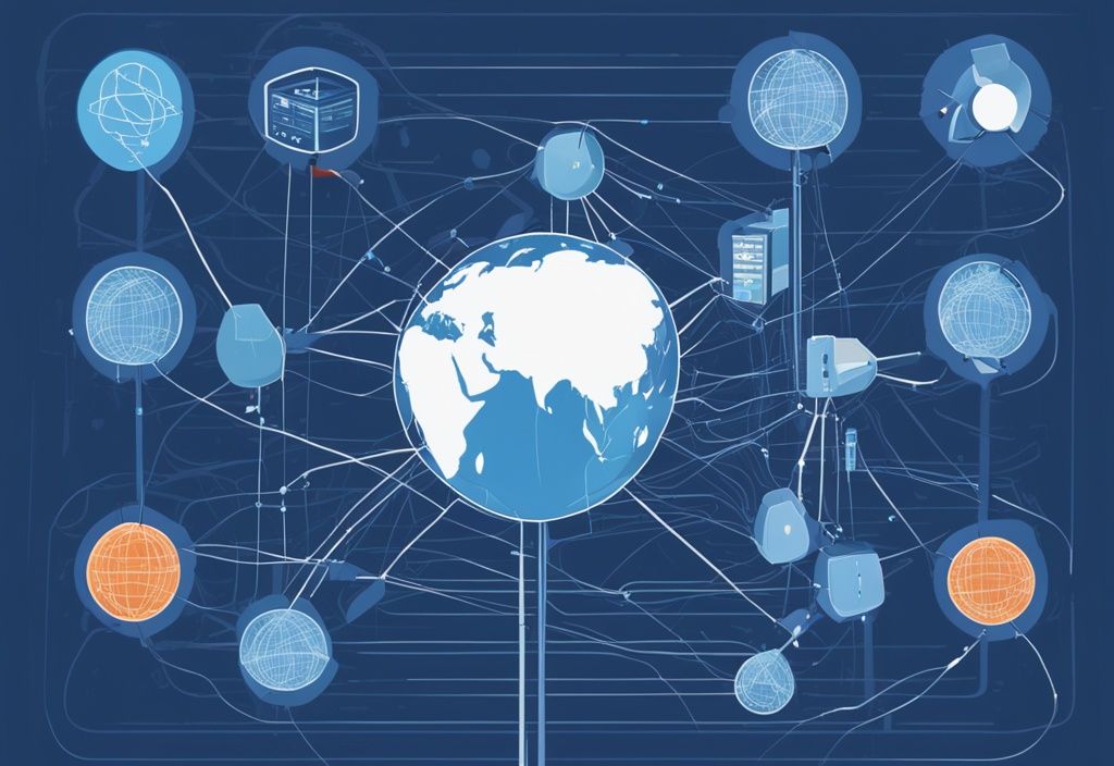 Moderne digitale Illustration eines Globus mit vernetzten Knoten, die verschiedene Server darstellen, und einem hervorgehobenen Pfad, der den Prozess eines Traceroute-Befehls anzeigt, mit blauem Farbschema.