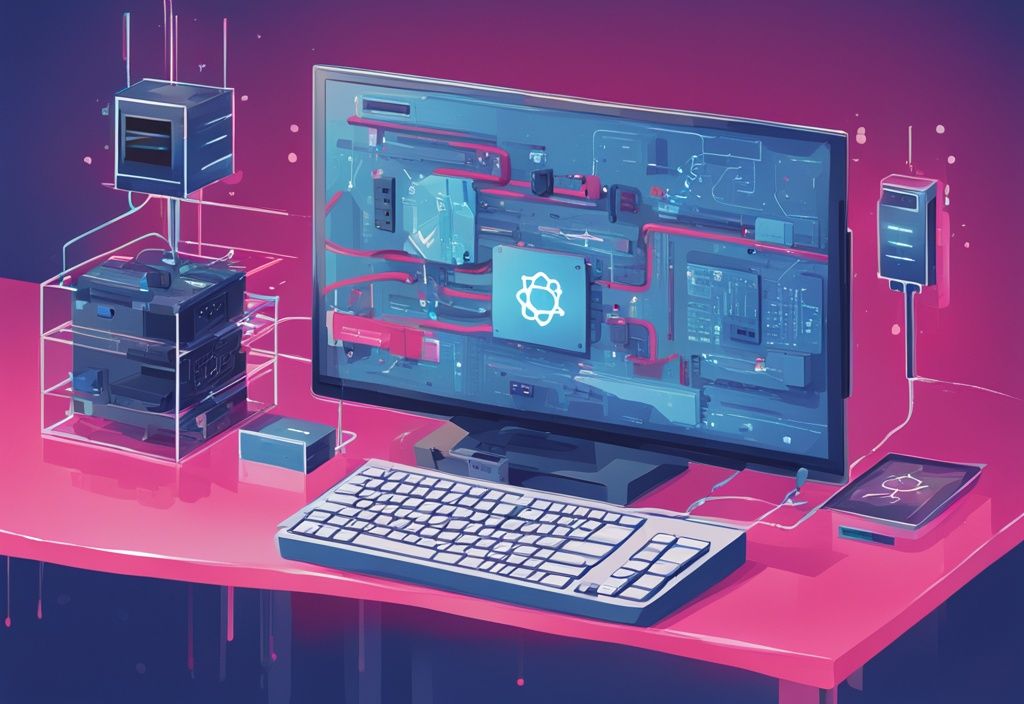 Moderne digitale Malerei mit blauem Farbschema, Raspberry Pi mit Netzwerk-Hub verbunden, sichtbare IP-Adresse, umgeben von Grafiken zum Konzept einer statischen IP.