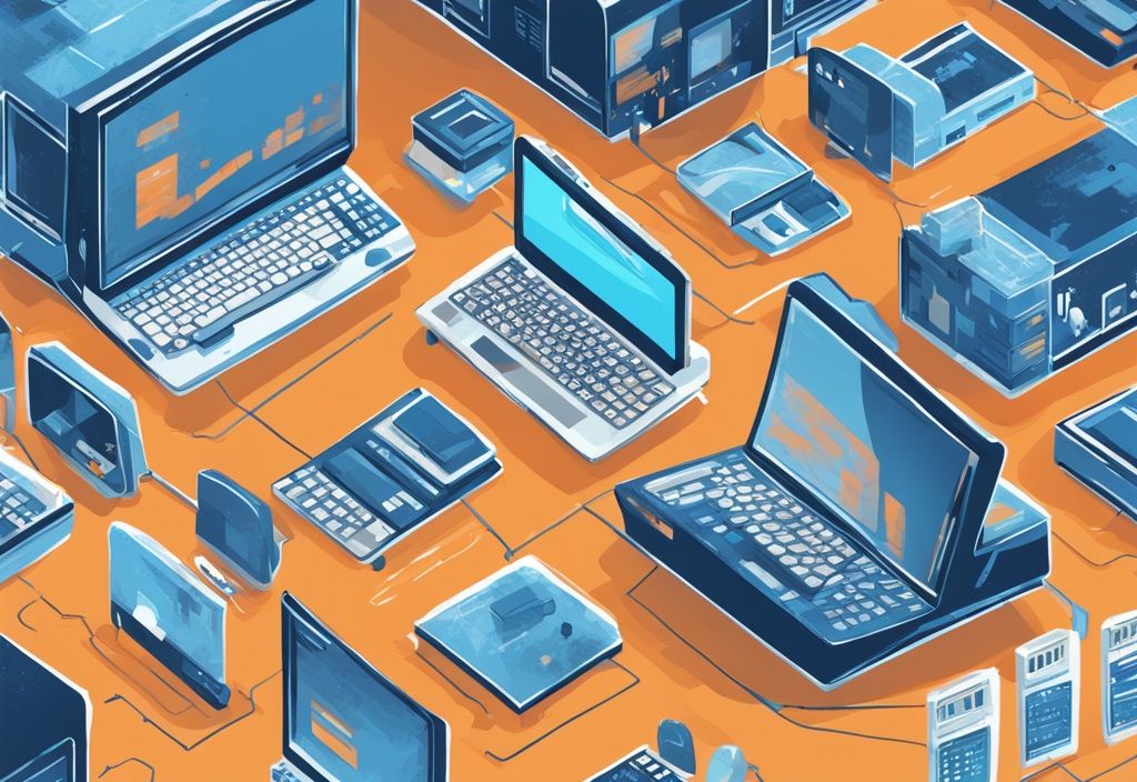 Moderne digitale Illustration eines Netzwerks von Computern, die kleine und mittlere Unternehmen (SMBs) durch digitale Technologie verbinden, Hauptfarbe Blau.