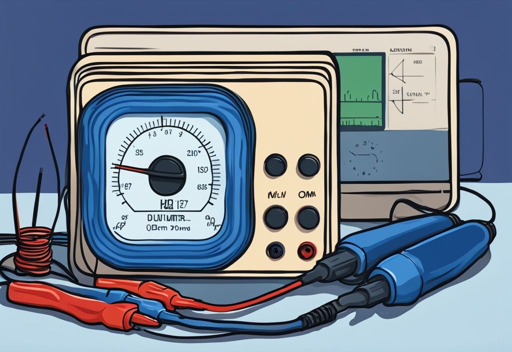 Moderne digitale Malerei mit einem digitalen Multimeter und Ohm-Umrechnungstabelle im Hintergrund, Hauptfarbe Blau.