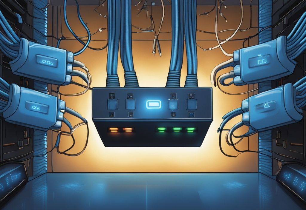 Moderne digitale Malerei, Netzwerk-Switch mit beleuchteten Ethernet-Kabeln, symbolisiert Power over Ethernet Plus (PoE+) Standard, 802.3at, in Blau.