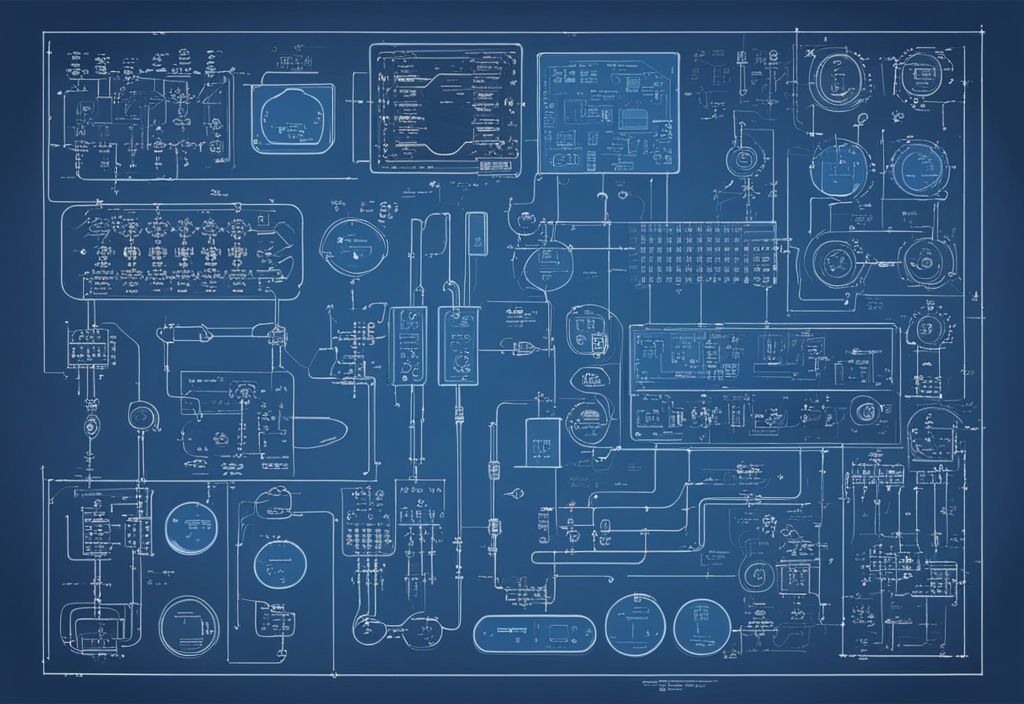 Moderne digitale Malerei mit blauem Farbschema, zeigt verschiedene elektrische Schaltplansymbole, sauber organisiert und beschriftet, die häufigsten Elemente in elektronischen Schaltplänen darstellend.