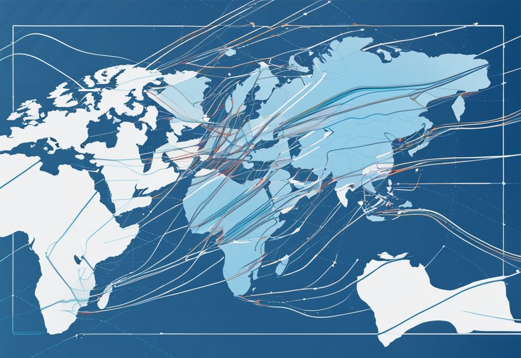 Digitale Karte mit blauen Farbtönen und mehreren Traceroute-Pfaden, die globale Computerverbindungen darstellen.