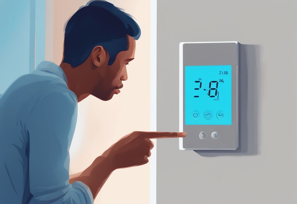 Moderne digitale Illustration eines blauen Thermostats mit der Abkürzung NTC, an einer hellen Wand montiert, mit einer Person, die damit interagiert.