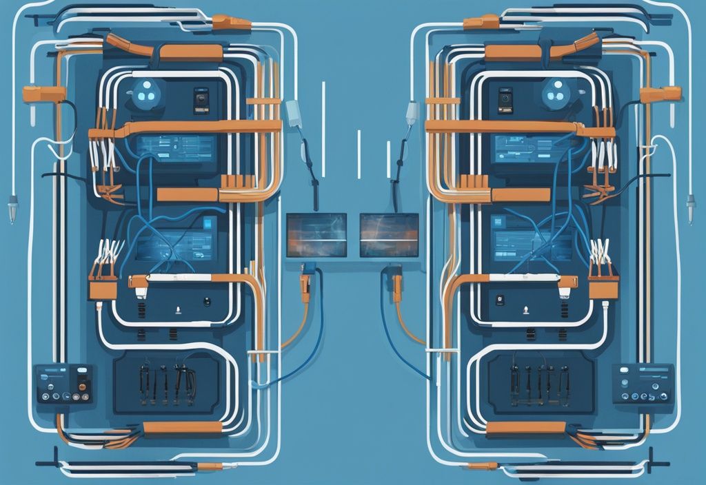 Moderne digitale Malerei mit blauem Farbschema, zeigt zwei parallele elektrische Schaltungen mit nebeneinander angeordneten Kabeln und gleichzeitigem Stromfluss.