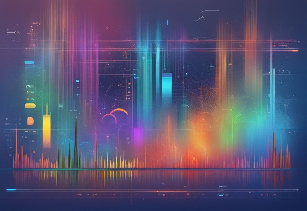 Moderne digitale Malerei mit blauem Farbschema, zeigt ein Spektrum von Signalfrequenzen mit hervorgehobenen und markierten WLAN Kanälen.