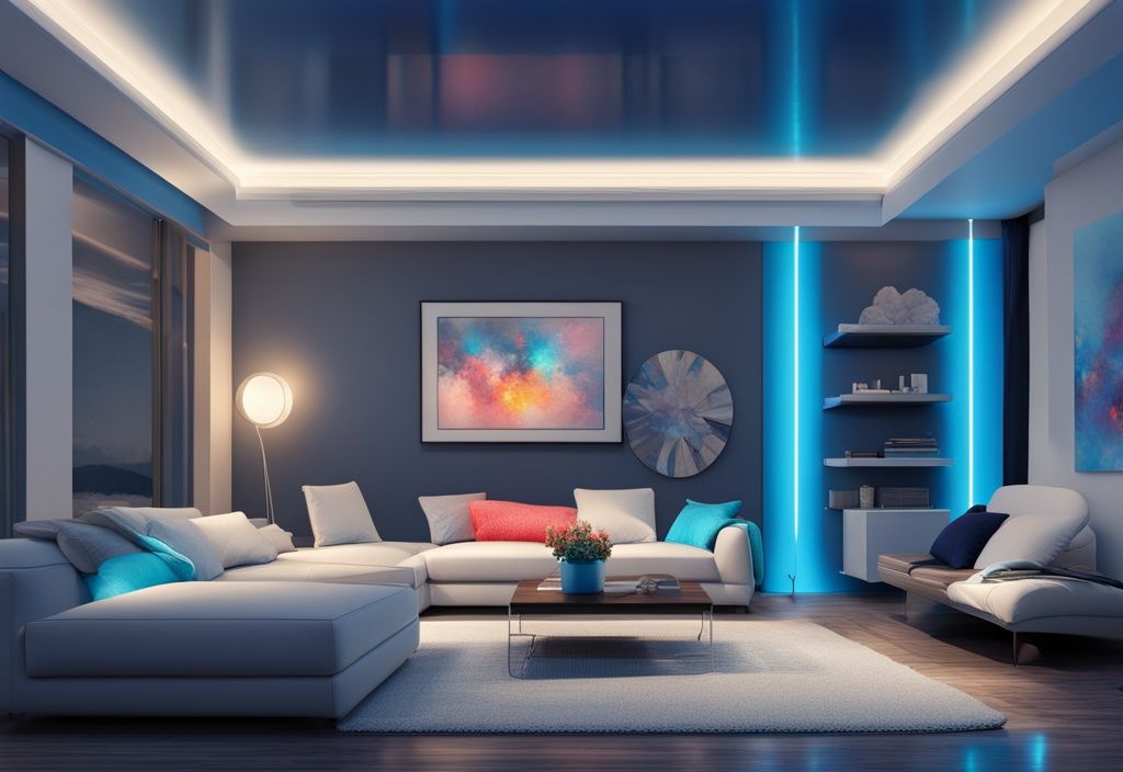 Moderne digitale Malerei mit blauem Farbschema, bunte LED-Lichter beleuchten künstlerisch ein modernes Wohnzimmer, led strom