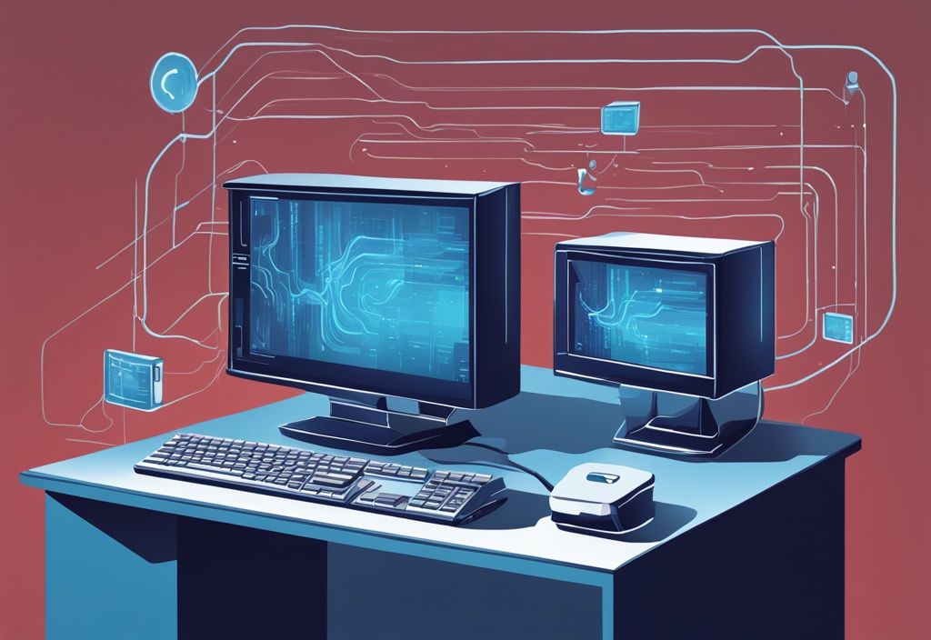 Moderne digitale Illustration eines Computers, der eine DHCP-Anfrage an einen Router sendet, dargestellt durch zwei Maschinen mit digitalen Wellen dazwischen.