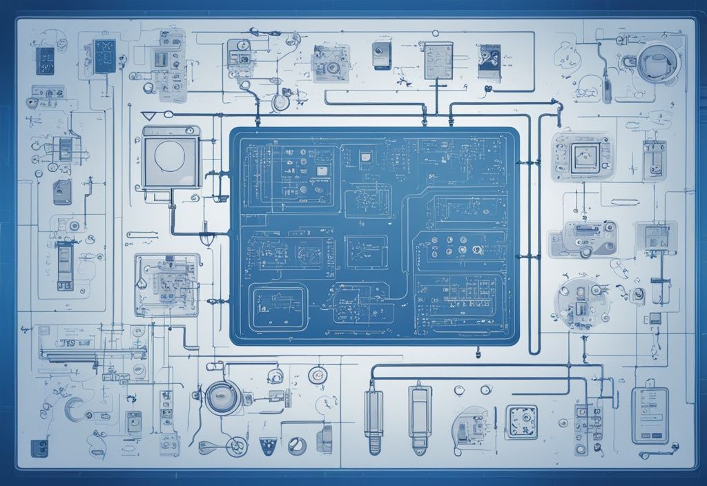 Moderne digitale Malerei mit blauer Farbgebung, zeigt eine Sammlung von Schaltplan Symbolen auf einem technischen Blaupausen-Hintergrund.