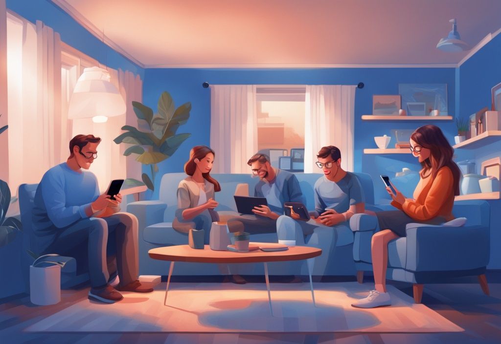 Moderne digitale Malerei einer Familie in ihrem Smart Home, die über ein Wifi 6 Netzwerk mit verschiedenen technischen Geräten interagiert, Hauptfarbthema Blau.