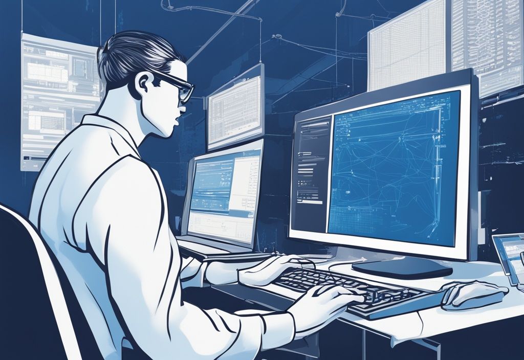 Netzwerkingenieur analysiert Computerbildschirm mit grafischer Benutzeroberfläche beim VLAN Einrichten, moderne digitale Illustration in Blautönen.