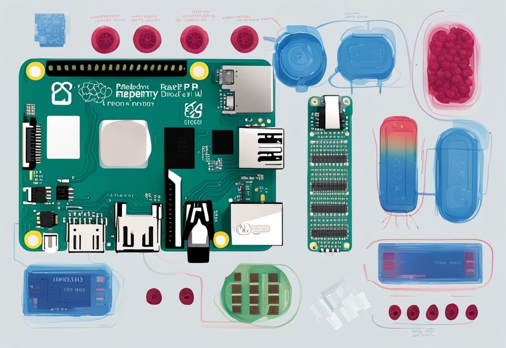 Überkopfansicht eines Raspberry Pi 4 mit beschrifteten Pinouts, moderne digitale Malerei in Blau.