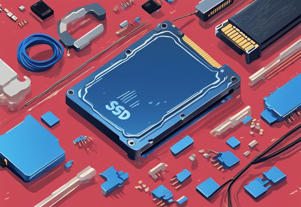 Moderne digitale Malerei einer geöffneten SSD mit NAND-Flash-Speicherchips, Controller und Cache, die die ssd funktionsweise symbolisieren.