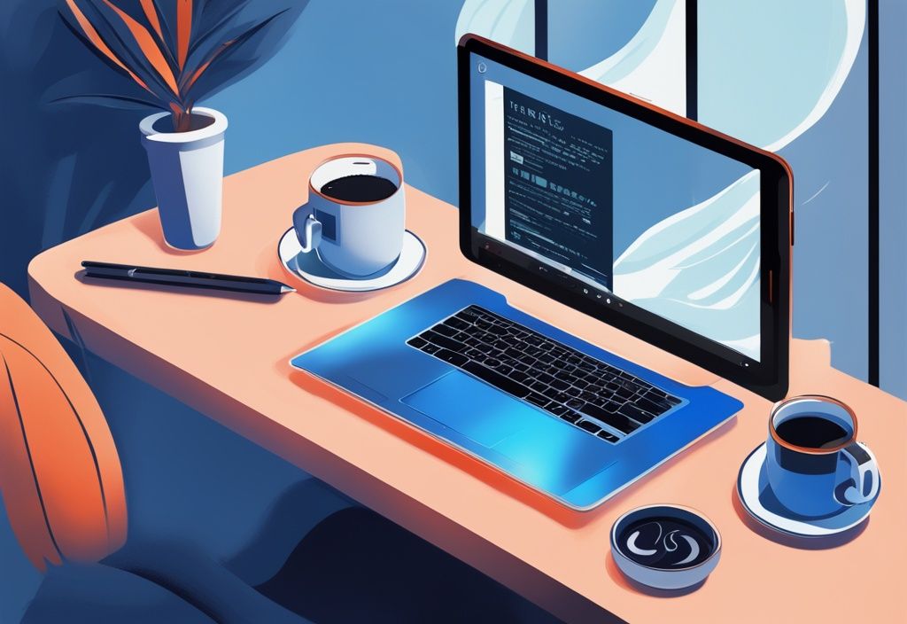 Moderner digitaler Gemäldeillustration in Blau mit TrekStor-Tablet, Kopfhörern und Kaffeetasse in gemütlicher Home-Office-Atmosphäre.