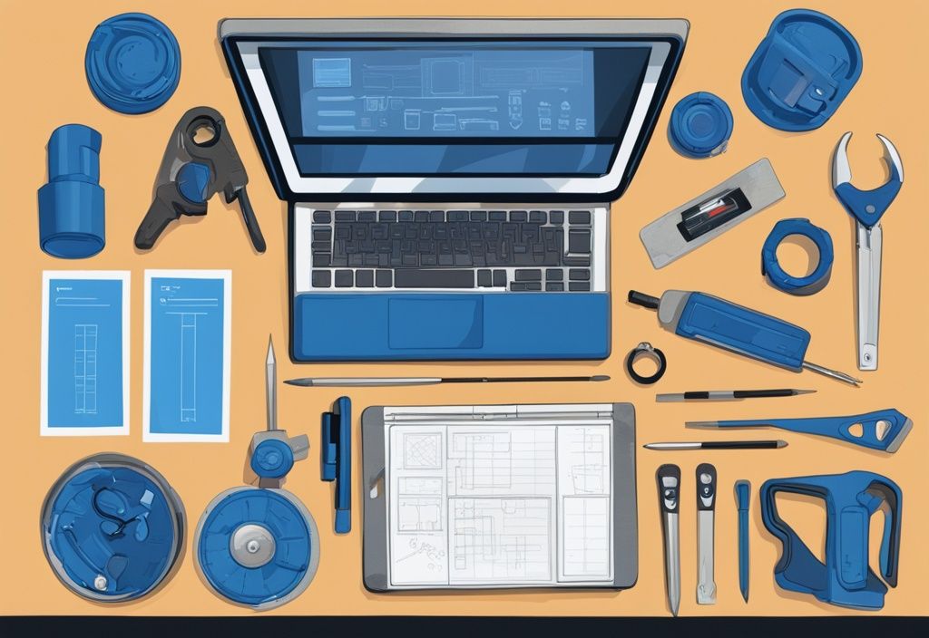 Moderne digitale Malerei Illustration, Hauptfarbe Blau, Draufsicht auf einen Markierungstisch in einer Werkstatt, verschiedene Werkzeuge, Pläne und Sicherheitsausrüstung präzise angeordnet.