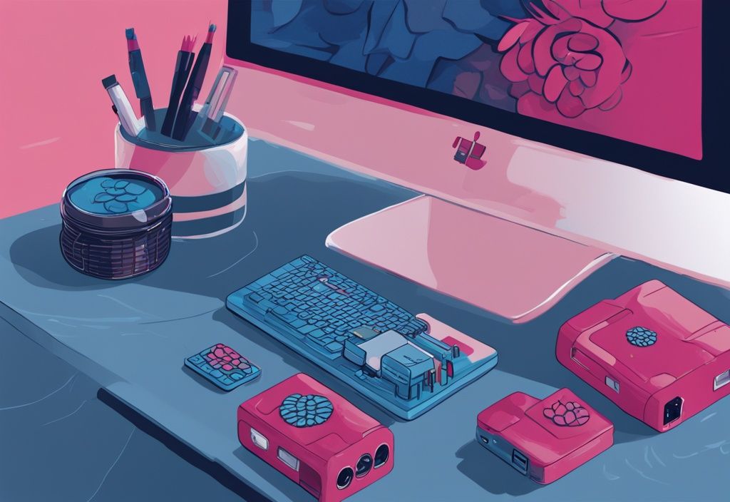 Moderne digitale Illustration in Blau, die Hände zeigt, die ein Raspberry Pi Gerät auf einem ordentlichen Arbeitsplatz einrichten, raspberry pi erste schritte.