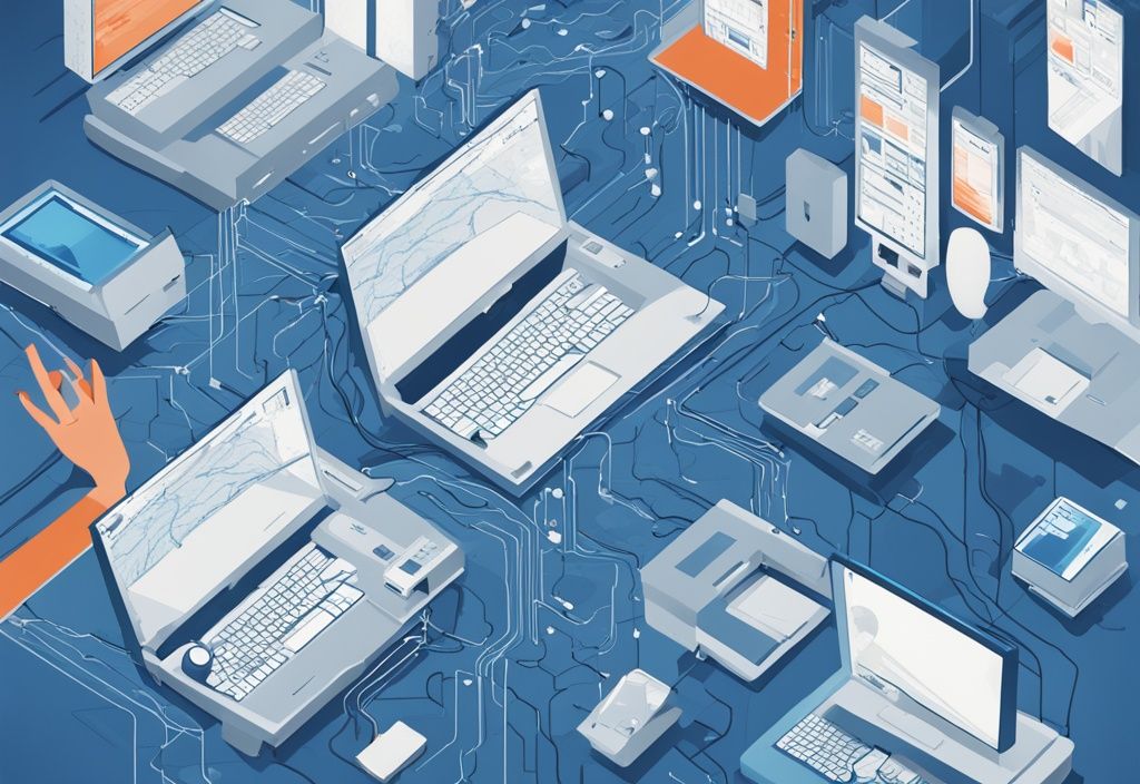 Moderne digitale Illustration eines Netzwerks von Computern, die SMBs durch digitale Technologie verbinden, mit blauem Farbschema.