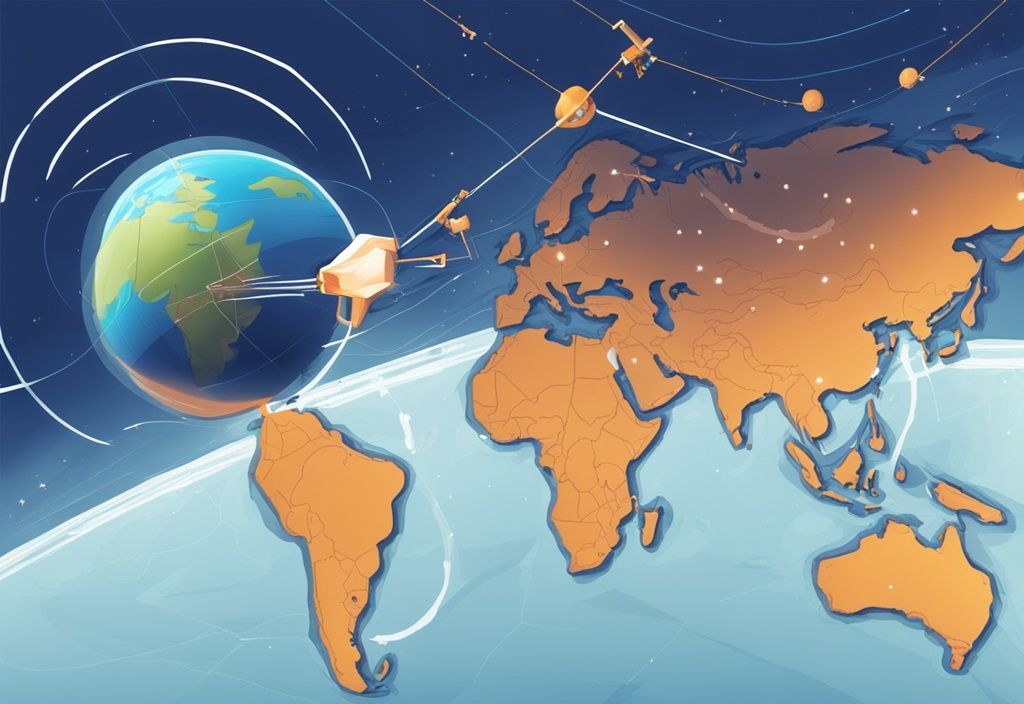 Moderne digitale Illustration eines Satelliten, der Signale an ein GPS-Gerät auf der Erde sendet, mit visualisiertem Genauigkeitsradius um einen markierten Standort. Keyword: wie genau ist gps