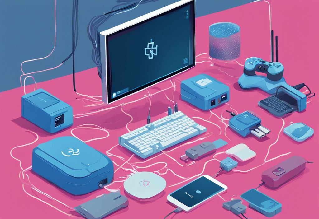 Moderne digitale Illustration in Blau mit einem Raspberry Pi, der als Access Point fungiert und mit mehreren elektronischen Geräten verbunden ist