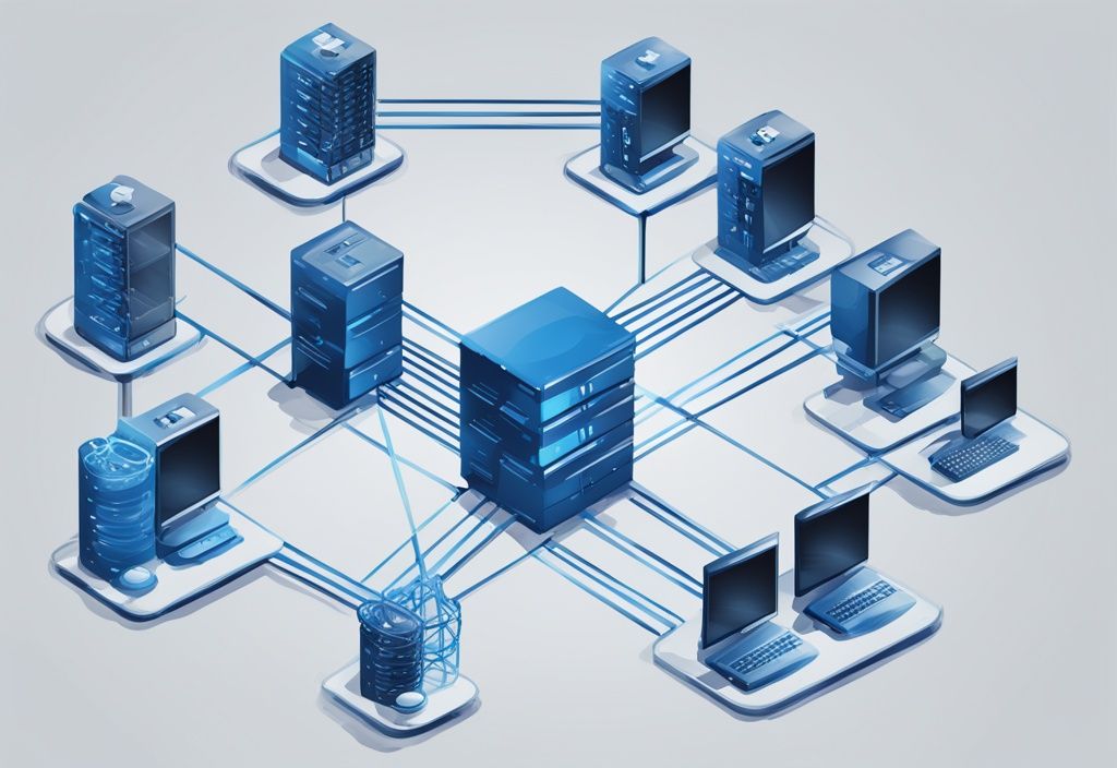 Moderne digitale Illustration einer Klasse A Netzstruktur mit blauer Farbgebung, detailliertes Diagramm vernetzter Computer und Server mit hervorgehobenen IP-Adressen.