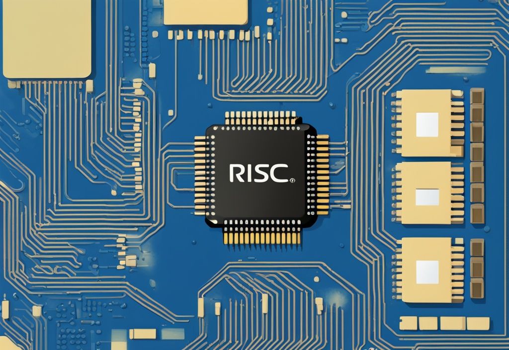 Moderne digitale Illustration eines Computerchips mit hervorgehobenen Bereichen der RISC-V-Architektur, Hauptfarbthema Blau.