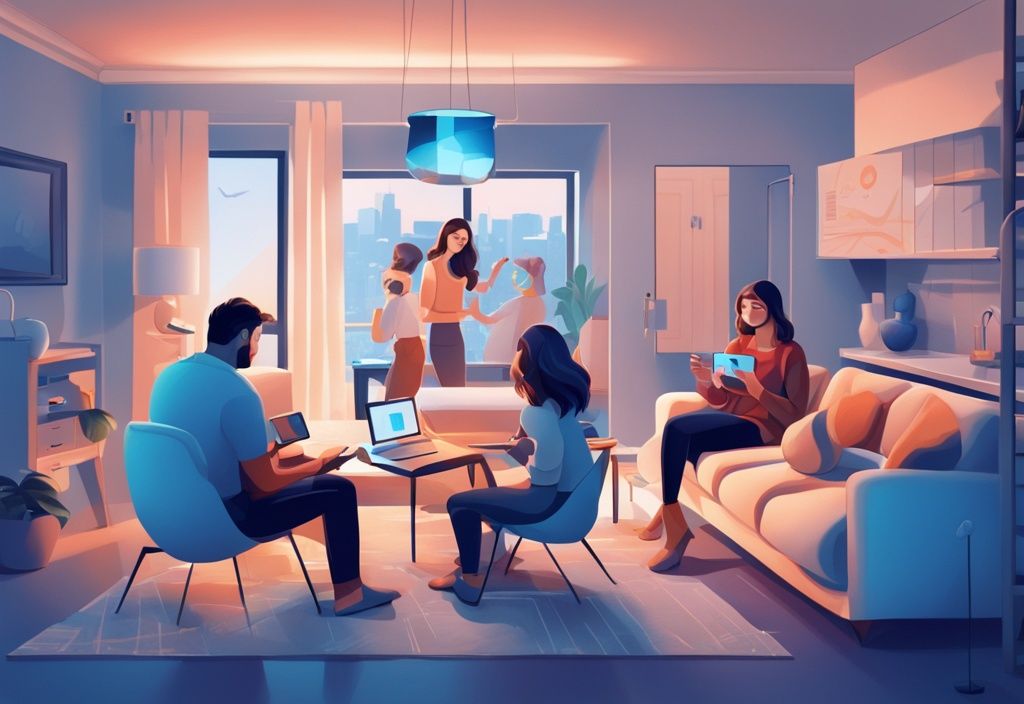 Moderne digitale Malerei einer Familie in einem Smart Home, die über ein Wifi 6 Netzwerk mit verschiedenen Technologiegeräten interagiert, Hauptfarbe Blau