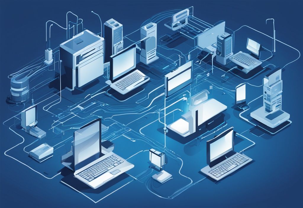 Moderne digitale Illustration in Blau mit vernetzten Geräten wie Laptops, Routern und Servern, die den IEEE 802.3 Ethernet-Standard symbolisieren