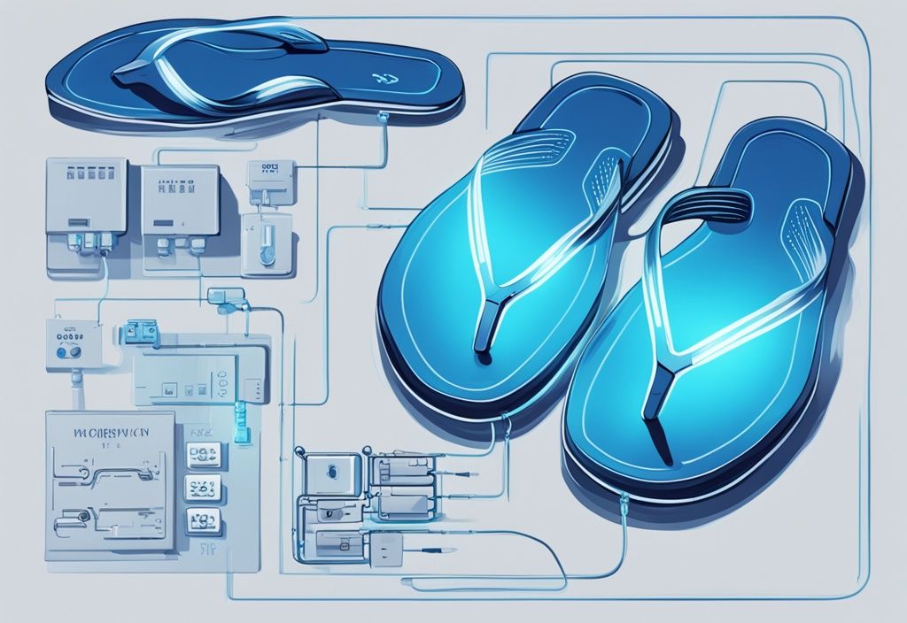 Moderne digitale Illustration eines T-Flip-Flop-Schaltkreises, beleuchtet von kühlem Neonblau, mit beschrifteten Hauptkomponenten.