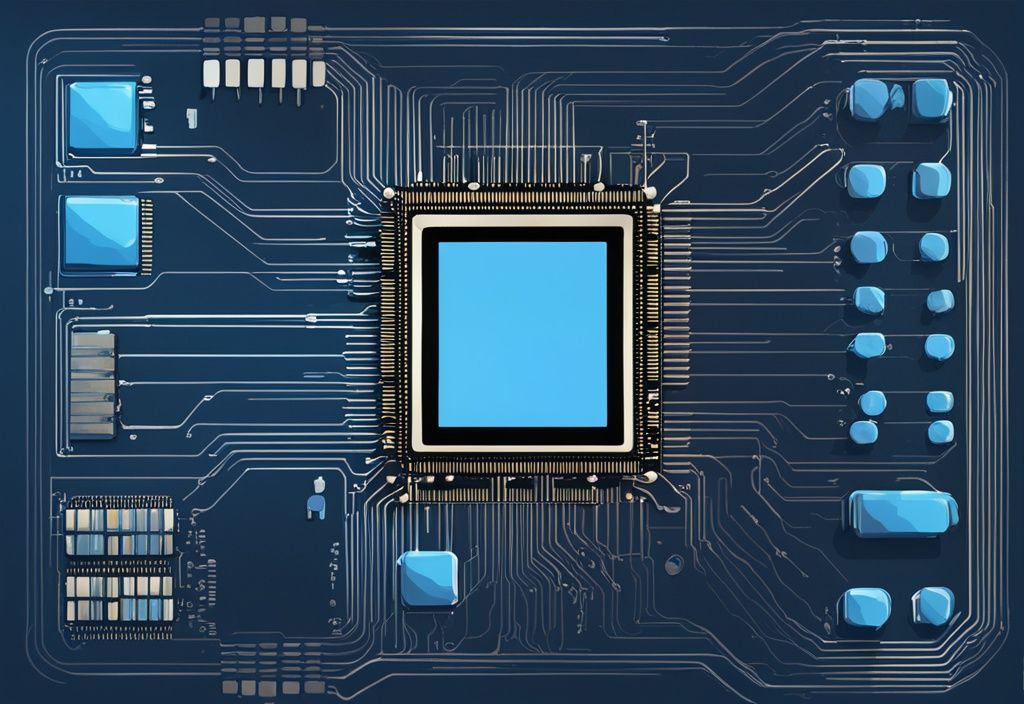 Futuristischer Mikroprozessor mit RISC-V Architekturdiagramm in Blau.