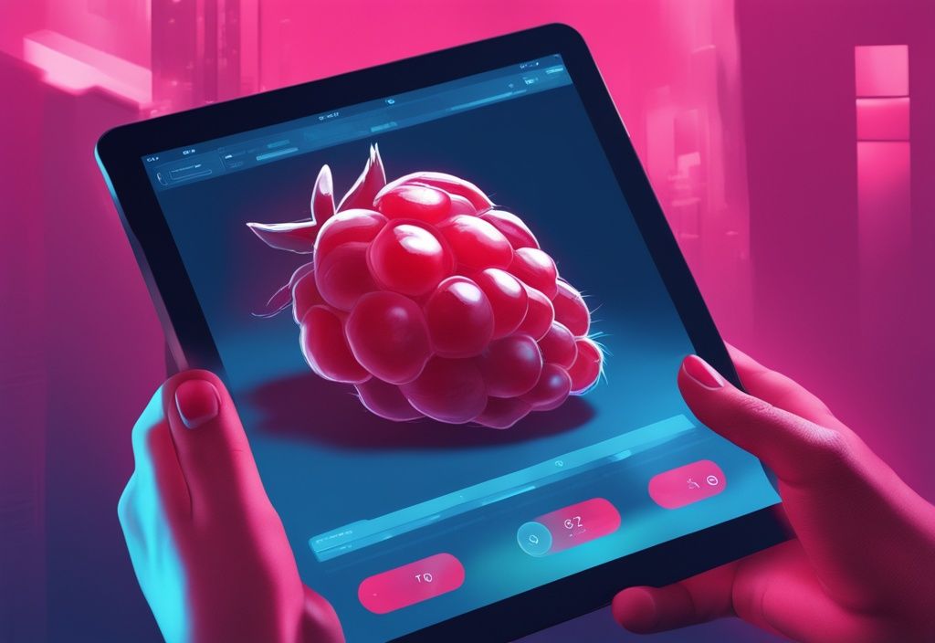 Nahaufnahme einer Hand, die ein leuchtendes digitales Tablet hält, mit einer Augmented-Reality-Überlagerung, die den Fortschrittsbalken eines Raspberry-Updates zeigt.