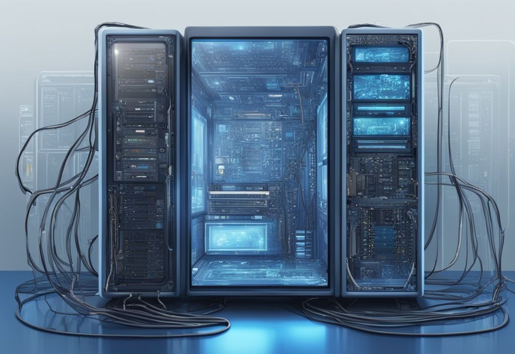 Moderner digitaler Gemäldeillustration eines Mainframe-Computers mit sichtbaren Schaltkreisen hinter einer transparenten Glashülle und mehreren angeschlossenen kleineren Computern, Hauptfarbthema Blau.