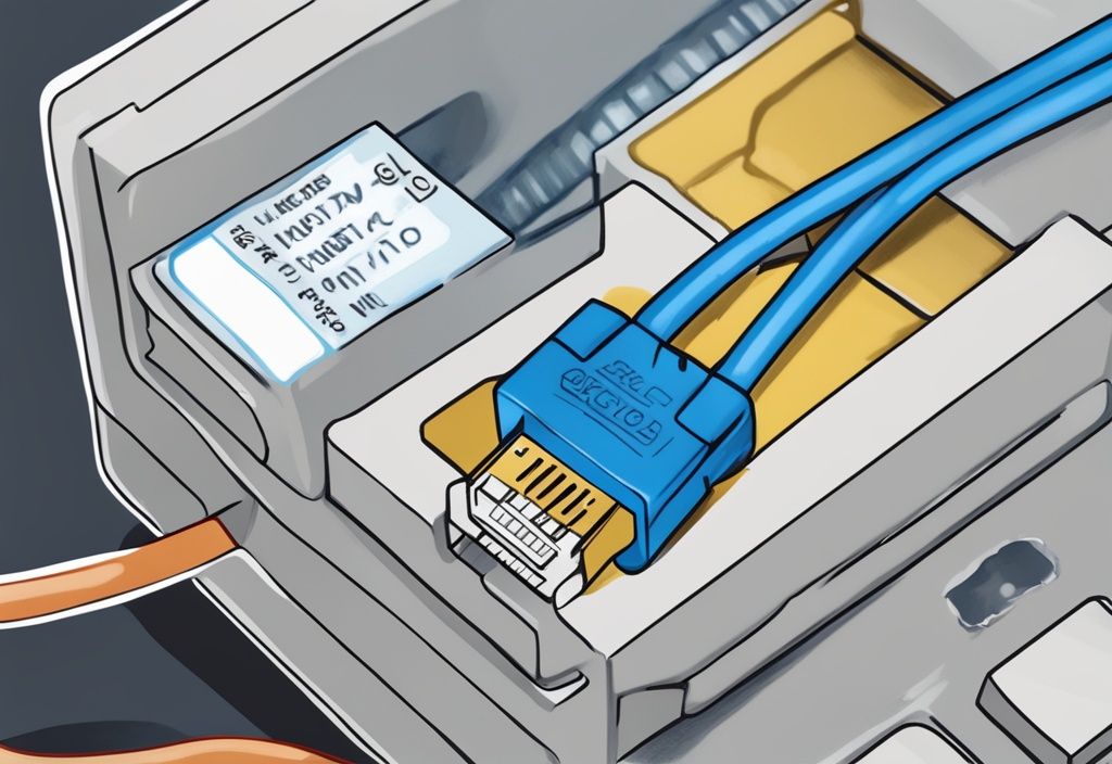 Nahaufnahme eines RJ45-Steckers mit deutlich beschriftetem Pinout-Diagramm, modernes digitales Gemälde in Blau, rj45 belegung