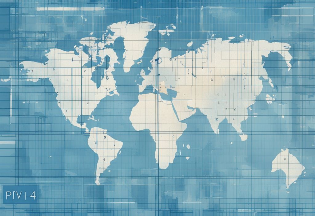 Moderne digitale Malerei mit blauem Farbschema, Netzwerkgitter über der Erde, Nahaufnahme eines Bildschirms mit IPv4-Adressenanzeige