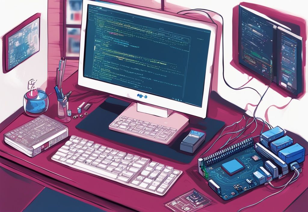 Moderner digitaler Gemälde-Illustration eines Anfängerprogrammierer-Schreibtisches mit einem Raspberry Pi, einem PC-Monitor mit Code-Editor, verstreuten Elektronikkomponenten und einem aufgeschlagenen Tutorial-Buch mit dem Kapitel "Erste Schritte mit Raspberry Pi".