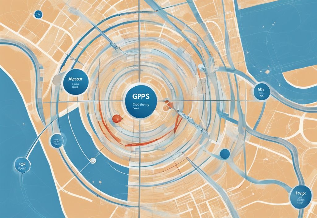 Vergleichsdiagramm der Genauigkeit verschiedener GPS-Systeme, moderne digitale Malerei, Blautöne.